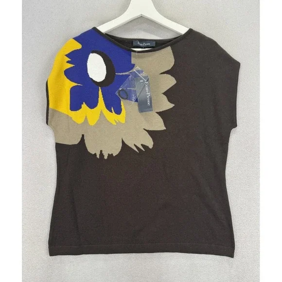 Evan Picone Women's Sz L Brown Abstract Floral Design Kitted Blouse Top NWT - Picture 1 of 8